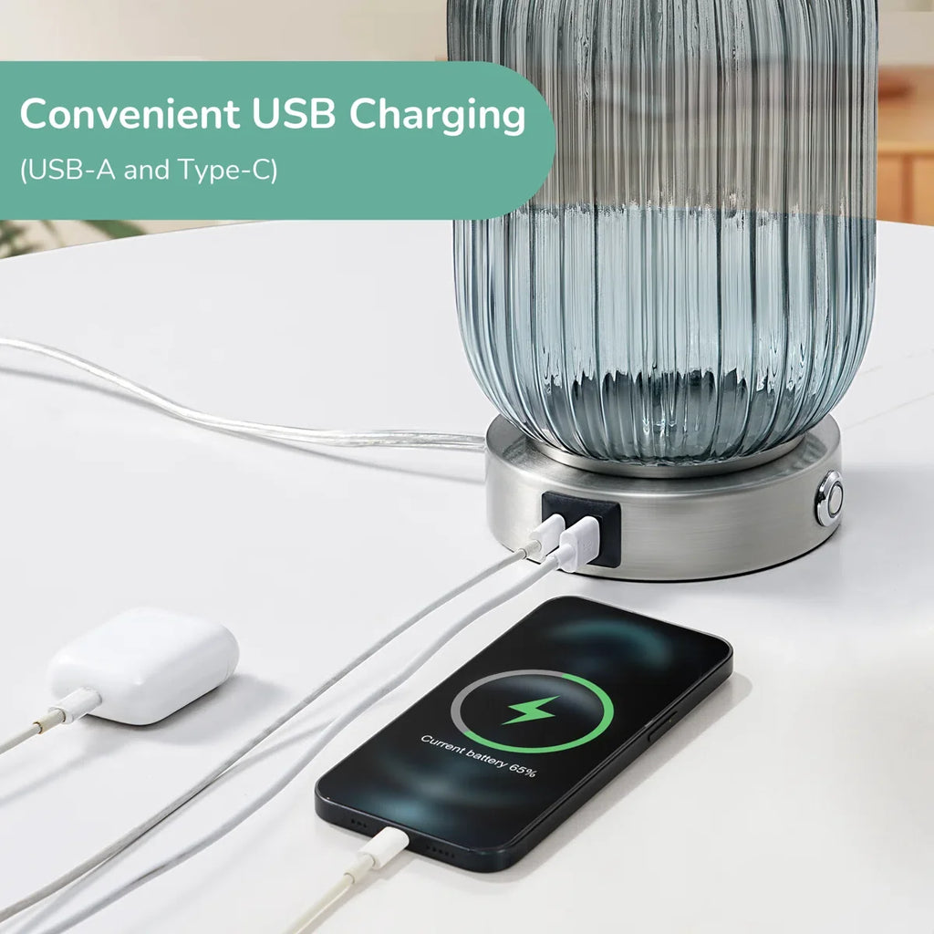 Lampe de table en verre avec ports de chargement USB et ampoule à intensité variable (48 cm)