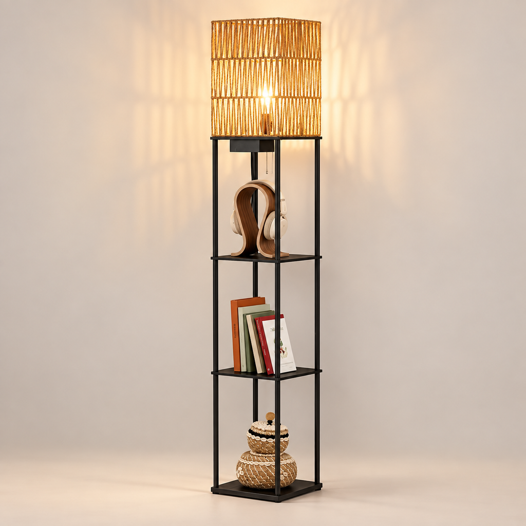 Lampadaire en rotin avec étagères (162 cm)