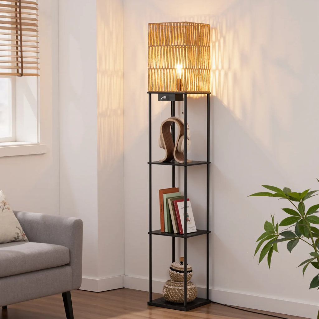 Lampadaire en rotin avec étagères (162 cm)