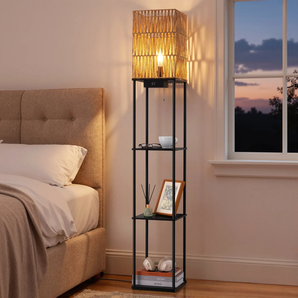 Lampadaire en rotin avec étagères (162 cm)