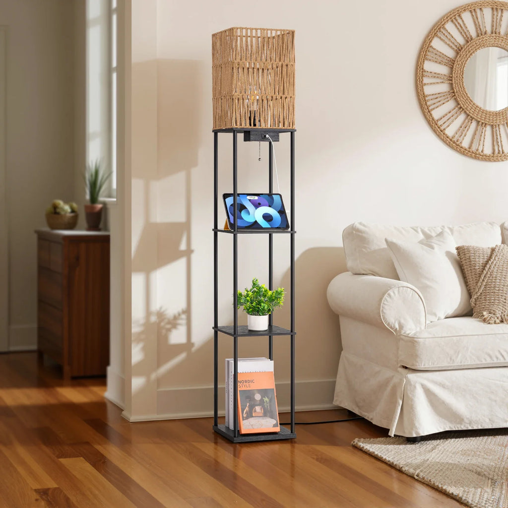 Lampadaire en rotin avec étagères (162 cm)