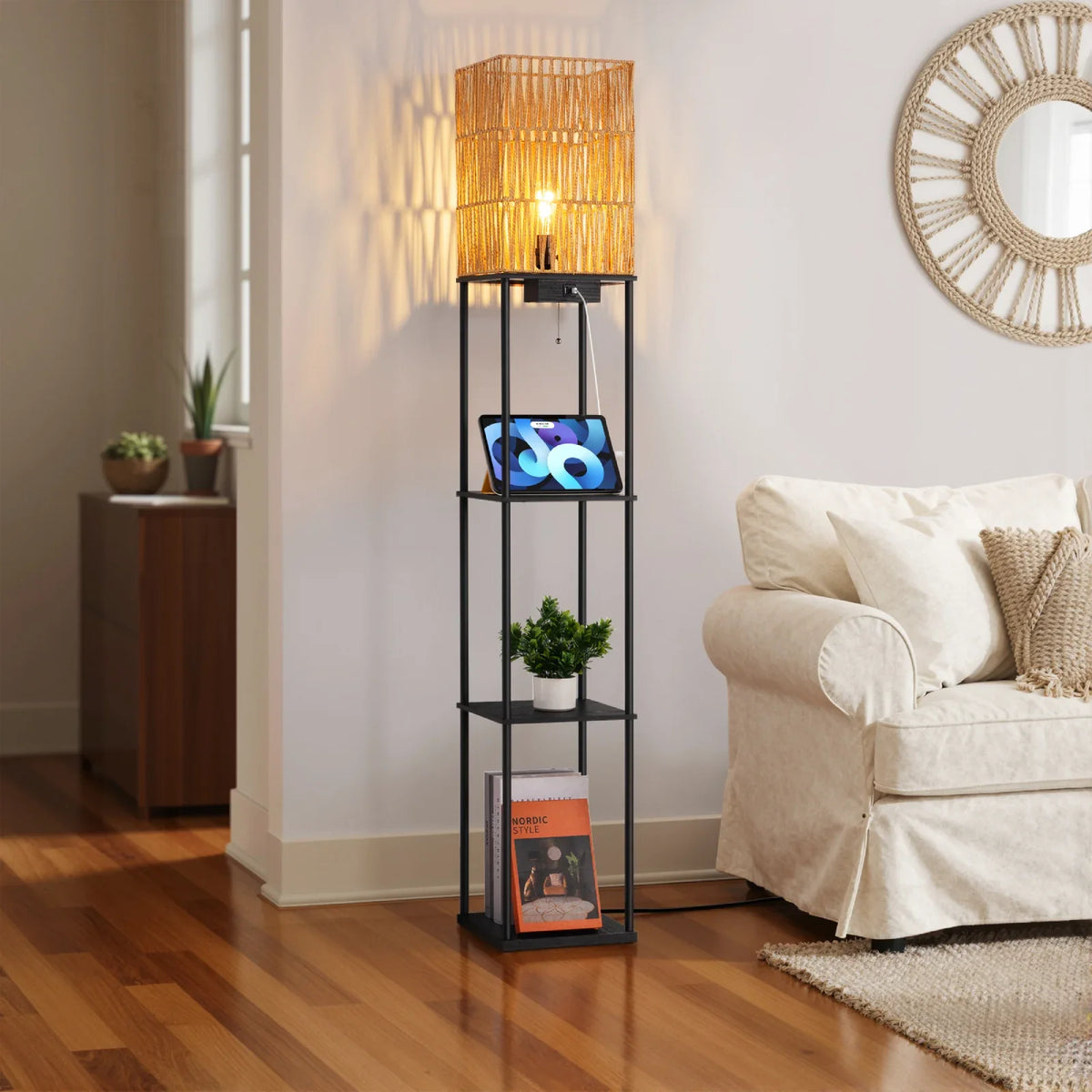 Lampadaire en rotin avec étagères (162 cm)