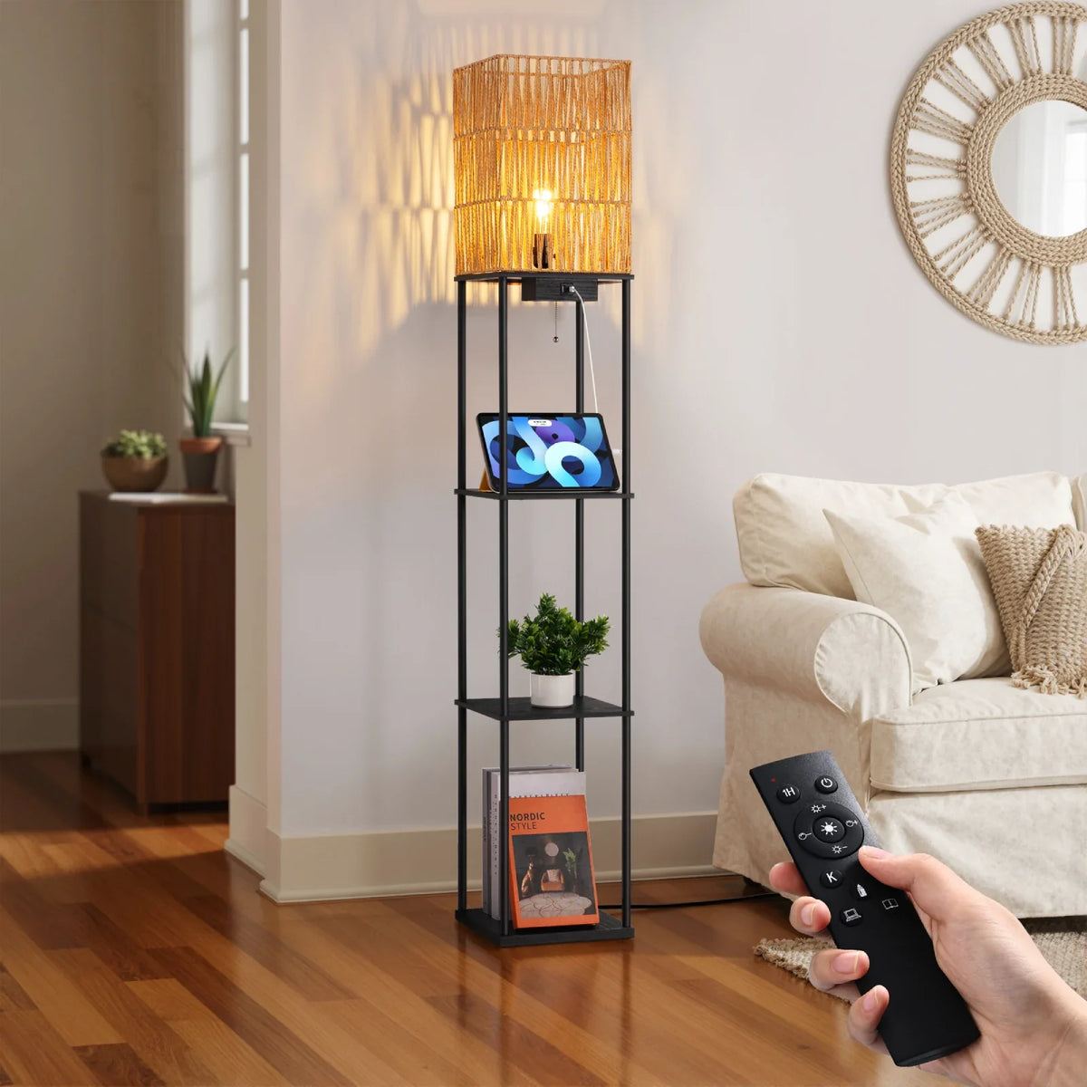 Lampadaire en rotin avec étagères (162 cm)