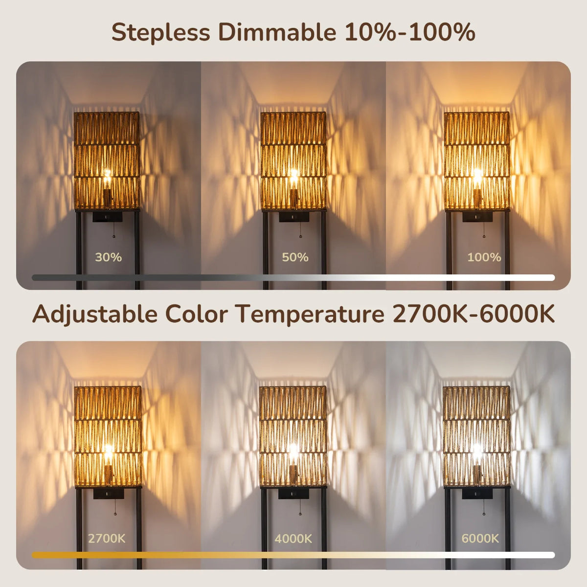 Lampadaire en rotin avec étagères (162 cm)