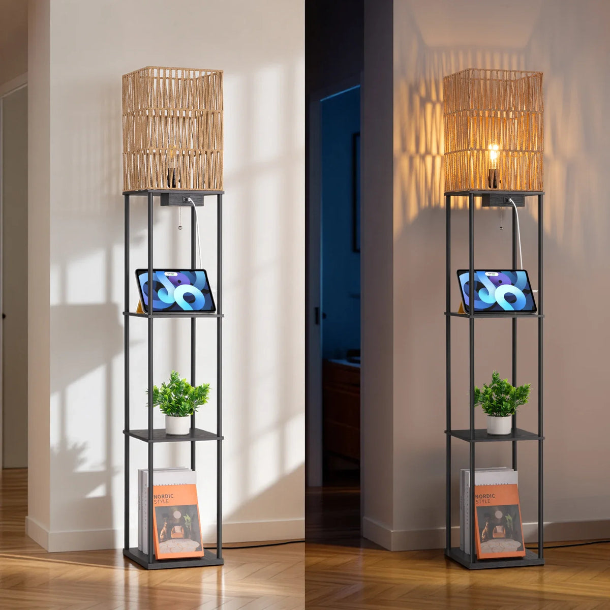 Lampadaire en rotin avec étagères (162 cm)