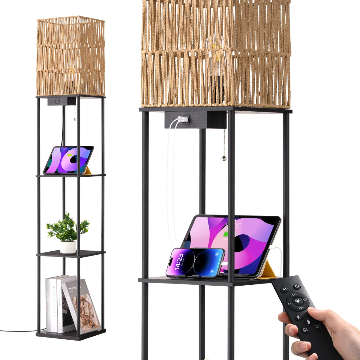 Lampadaire en rotin avec étagères (162 cm)