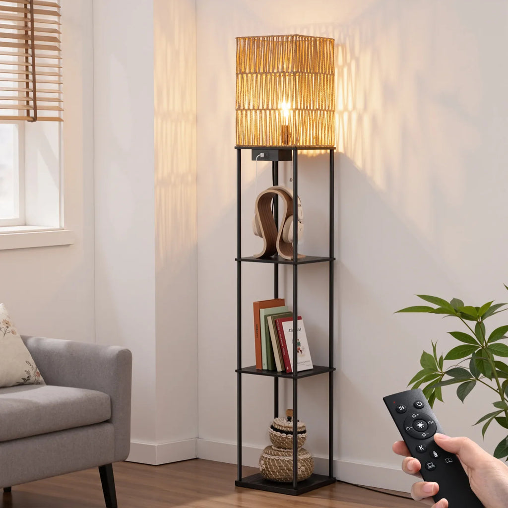 Lampadaire en rotin avec étagères (162 cm)