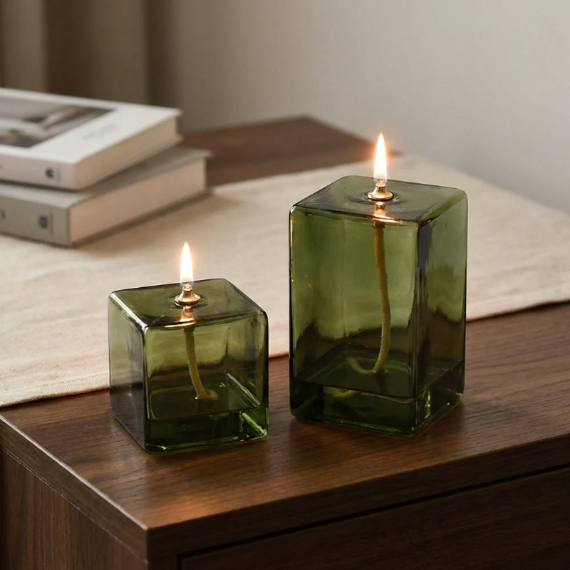 Vintage Green Square Glass Oil Lamp