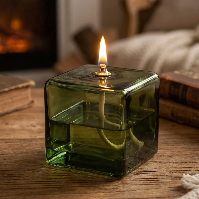 Vintage Green Square Glass Oil Lamp